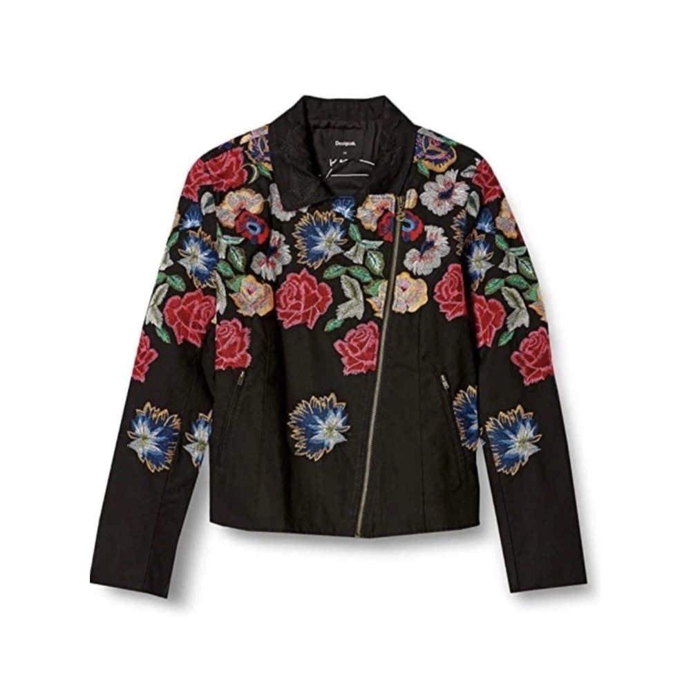 DESIGUAL Women's Embroidered Fiorella Biker Jacket Sz 38 EU 4 US Floral